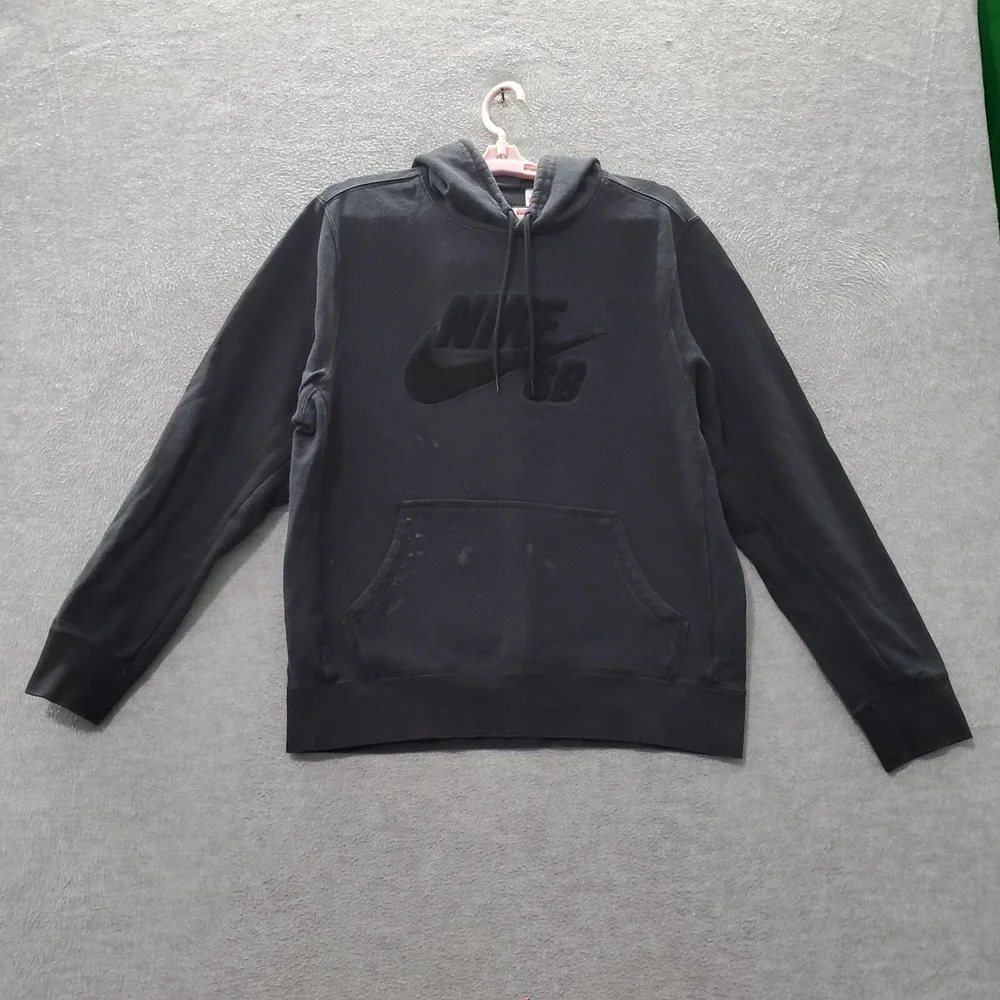 NIKE SB Boys Sweatshirt Large Black Pullover Hoodie Chenille Logo Swoosh READ
